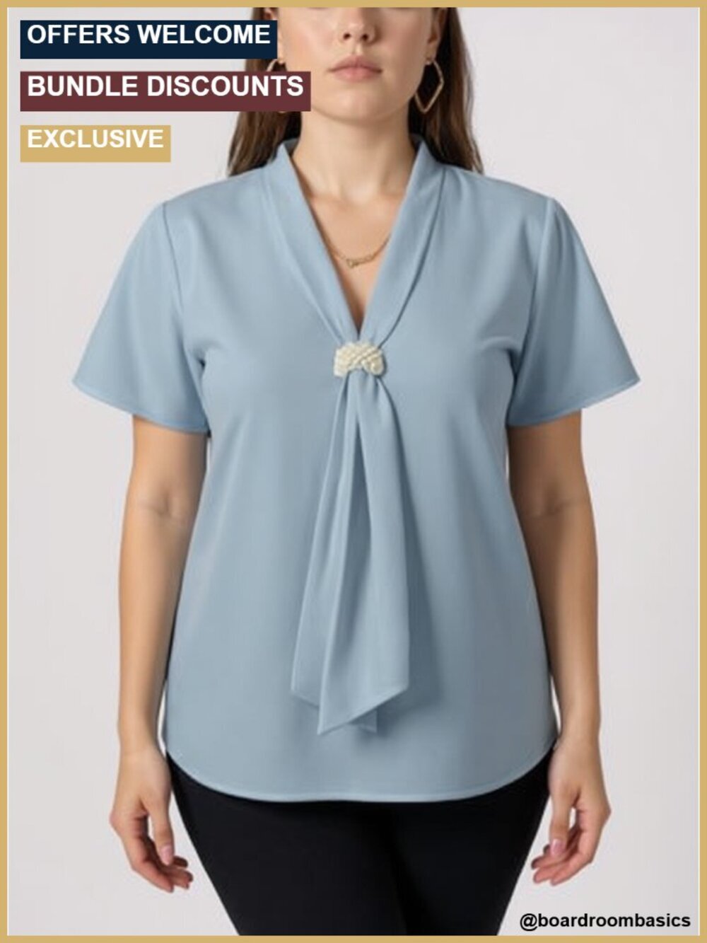 Plus Size Pearl Tie Neck Blouse Short Sleeve Business Casual Top